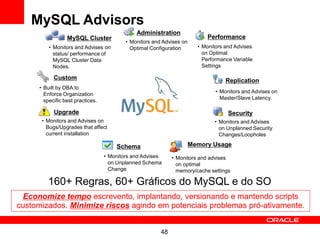 MySQL Advisors
                                              Administration
                 MySQL Cluster                                             Performance
                                          • Monitors and Advises on
         • Monitors and Advises on          Optimal Configuration       • Monitors and Advises
           status/ performance of                                         on Optimal
           MySQL Cluster Data                                             Performance Variable
           Nodes.                                                         Settings

           Custom                                                                  Replication
     • Built by DBA to
       Enforce Organization                                                    • Monitors and Advises on
       specific best practices.                                                  Master/Slave Latency.

           Upgrade                                                                  Security
      • Monitors and Advises on                                               • Monitors and Advises
        Bugs/Upgrades that affect                                               on Unplanned Security
        current installation                                                    Changes/Loopholes

                                      Schema                          Memory Usage
                                  • Monitors and Advises     • Monitors and advises
                                    on Unplanned Schema        on optimal
                                    Change                     memory/cache settings

        160+ Regras, 60+ Gráficos do MySQL e do SO
 Economize tempo escrevento, implantando, versionando e mantendo scripts
customizados. Minimize riscos agindo em potenciais problemas pró-ativamente.


                                                        48
 