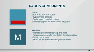 RADOS COMPONENTS
OSDs
• 10s to 10000s in a cluster
• Typically one per disk
• Serve stored objects to clients
• Intelligently peer for replication & recovery
Monitors
• Maintain cluster membership and state
• Provide consensus for distributed decision-making
• Small, odd number
• These do not serve stored objects to clients
 