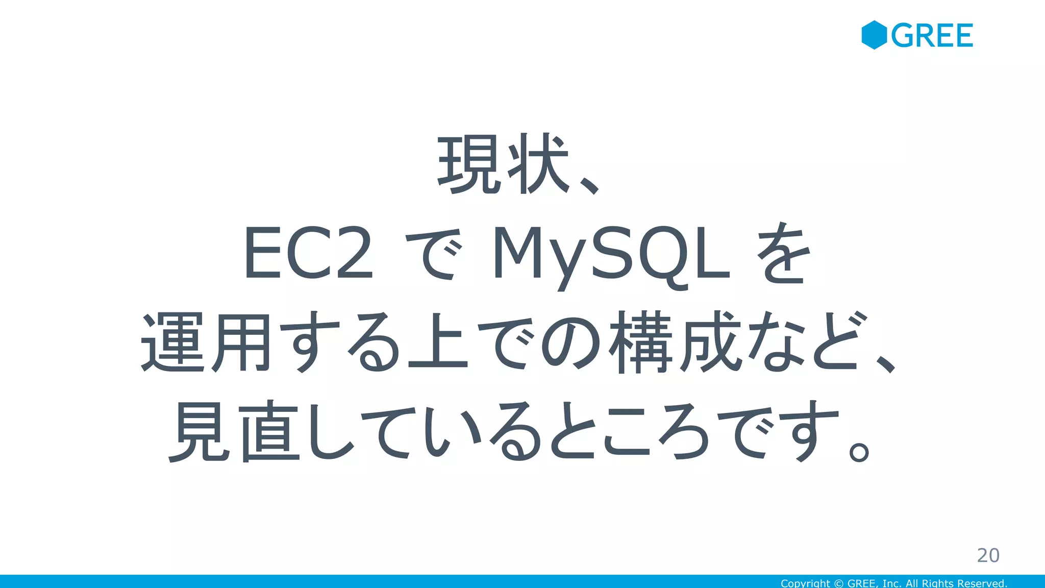 Copyright © GREE, Inc. All Rights Reserved.
現状、
EC2 で MySQL を
運用する上での構成など、
見直しているところです。
20
 
