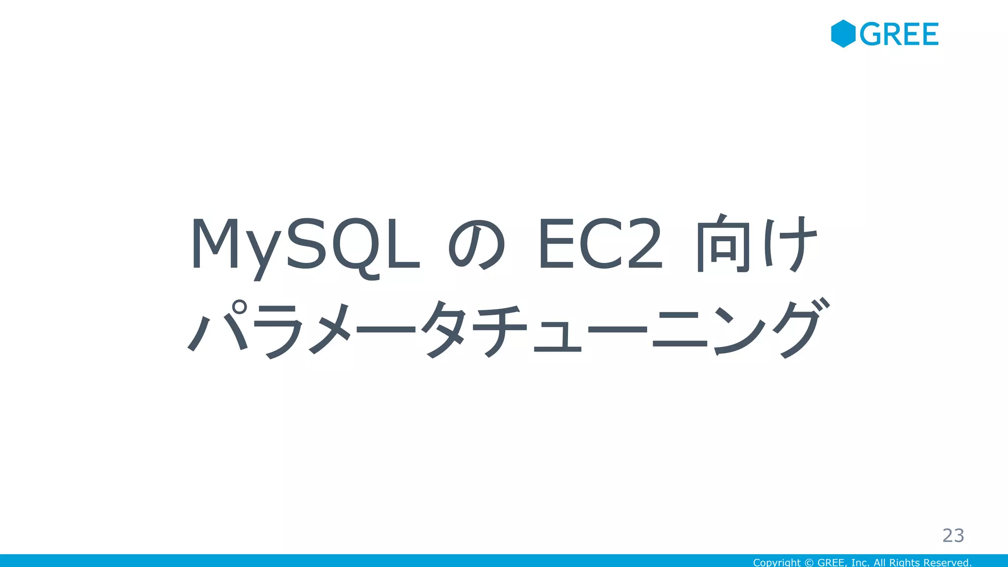 Copyright © GREE, Inc. All Rights Reserved.
MySQL の EC2 向け
パラメータチューニング
23
 