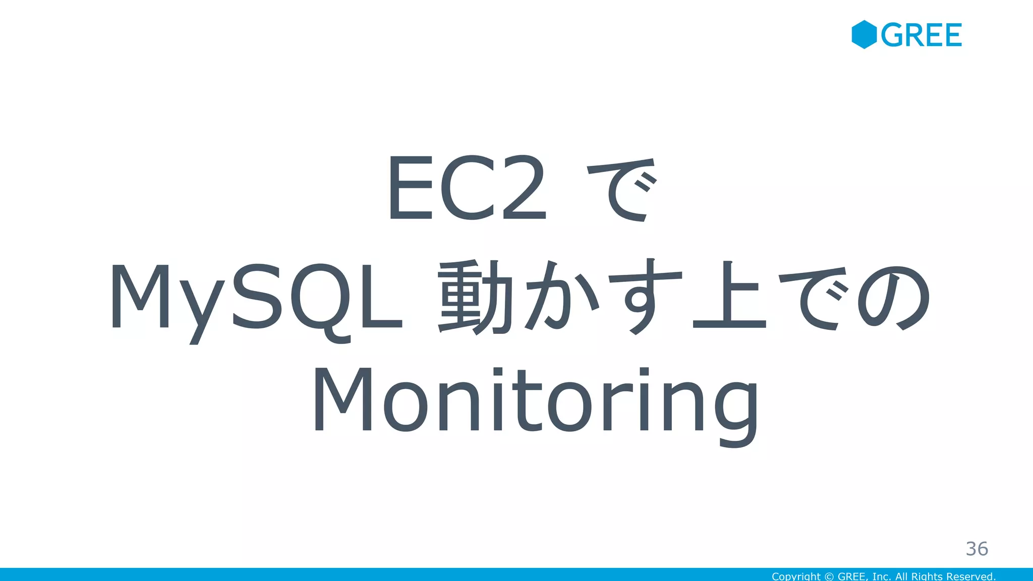 Copyright © GREE, Inc. All Rights Reserved.
EC2 で
MySQL 動かす上での
Monitoring
36
 
