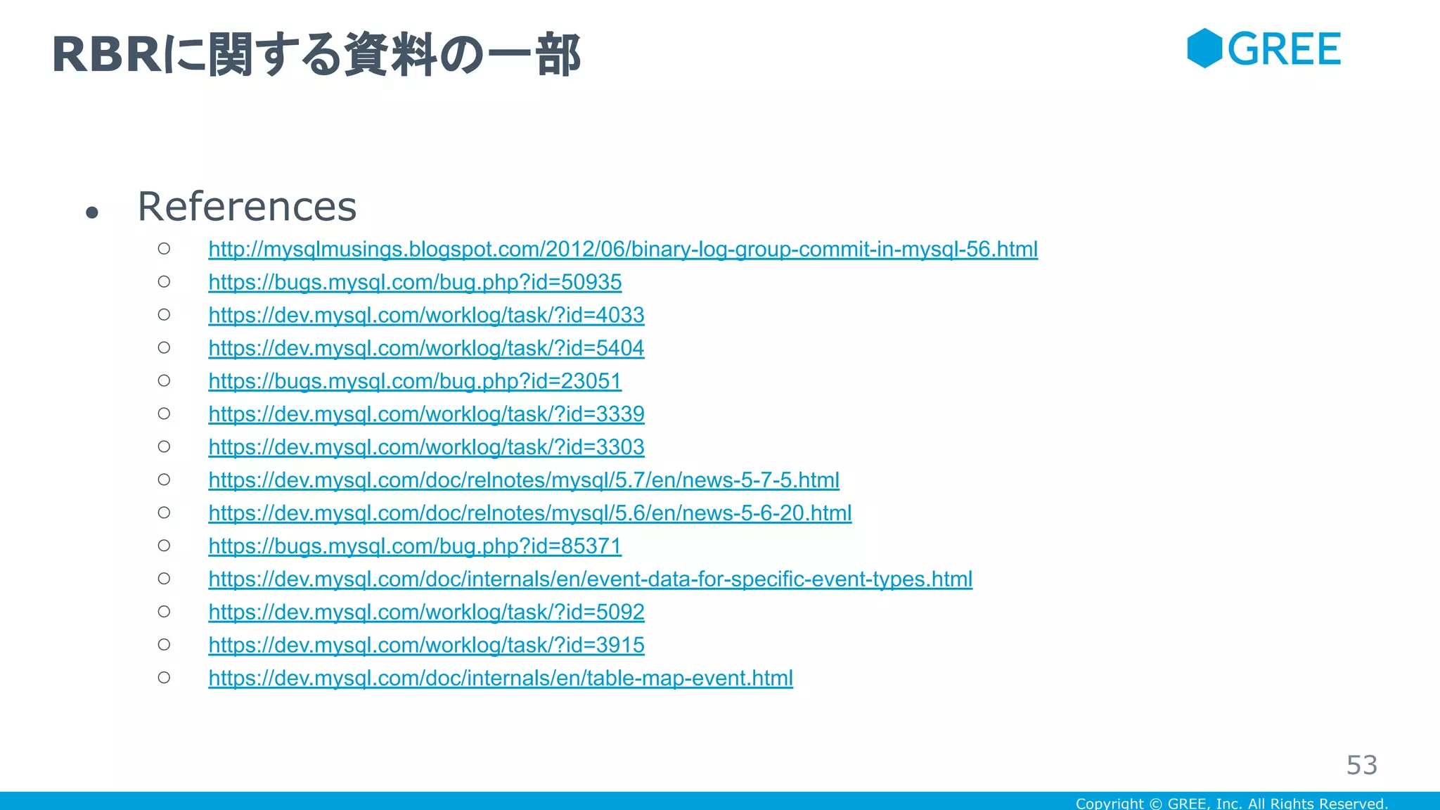 Copyright © GREE, Inc. All Rights Reserved.
● References
○ http://mysqlmusings.blogspot.com/2012/06/binary-log-group-commit-in-mysql-56.html
○ https://bugs.mysql.com/bug.php?id=50935
○ https://dev.mysql.com/worklog/task/?id=4033
○ https://dev.mysql.com/worklog/task/?id=5404
○ https://bugs.mysql.com/bug.php?id=23051
○ https://dev.mysql.com/worklog/task/?id=3339
○ https://dev.mysql.com/worklog/task/?id=3303
○ https://dev.mysql.com/doc/relnotes/mysql/5.7/en/news-5-7-5.html
○ https://dev.mysql.com/doc/relnotes/mysql/5.6/en/news-5-6-20.html
○ https://bugs.mysql.com/bug.php?id=85371
○ https://dev.mysql.com/doc/internals/en/event-data-for-specific-event-types.html
○ https://dev.mysql.com/worklog/task/?id=5092
○ https://dev.mysql.com/worklog/task/?id=3915
○ https://dev.mysql.com/doc/internals/en/table-map-event.html
RBRに関する資料の一部
53
 