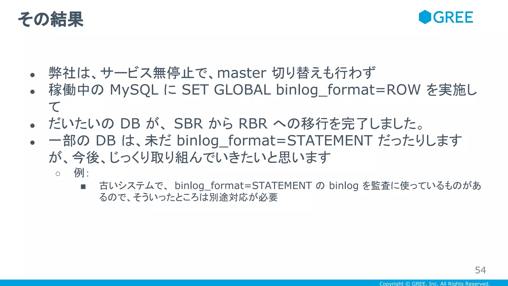 Copyright © GREE, Inc. All Rights Reserved.
● 弊社は、サービス無停止で、master 切り替えも行わず
● 稼働中の MySQL に SET GLOBAL binlog_format=ROW を実施し
て
● だいたいの DB が、 SBR から RBR への移行を完了しました。
● 一部の DB は、未だ binlog_format=STATEMENT だったりします
が、今後、じっくり取り組んでいきたいと思います
○ 例：
■ 古いシステムで、 binlog_format=STATEMENT の binlog を監査に使っているものがあ
るので、そういったところは別途対応が必要
その結果
54
 