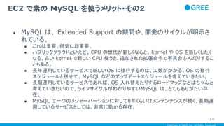 Copyright © GREE, Inc. All Rights Reserved.
● MySQL は、 Extended Support の期間や、開発のサイクルが明示さ
れている。
● これは重要。何気に超重要。
● パブリッククラウドといえど、 CPU の世代が新しくなると、 kernel や OS を新しくしたく
なる。古い kernel で新しい CPU 使うと、追加された拡張命令で不具合ふんだりするこ
ともある。
● 長年運用しているサービスで新しいOS に移行するのは、工数がかかる。OS の移行
スケジュールと併せて、 MySQL などのアップデートスケジュールを考えていきたい。
● 長期運用しているサービスであれば、OS 入れ替えたりするロードマップなどはちゃんと
考えていきたいので、ライフサイクルがわかりやすいMySQL は、とてもありがたい存
在。
● MySQL は一つのメジャーバージョンに対して８年くらいはメンテンナンスが続く。長期運
用しているサービスとしては、非常に助かる存在。
EC2 で素の MySQL を使うメリット・その２
14
 