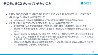 Copyright © GREE, Inc. All Rights Reserved.
● EBS snapshot で datadir のバックアップを取るついでに、 instance
の stop & start ができないか
● scheduled reboot の対象になっても、自動的に対応できるようになるから
● i3 や i3en などのインスタンスを、もっと活用できないか
● いままでは gp2 で安価に運用してきたが、 EBS 障害への耐性を上げたいので
● NVMe 一本専有できるインスタンスを使って、MySQL の datadir をそちらに置けない
かと。
● root volume も datadir も EBS だと、どちらか一方がハングアップしただけで使えな
くなる。しかし、 datadir が local の storage だと、root volume がハングアップしな
い限りは、 EBS の障害に耐えられるようになる。
● また、i3 の NVMe はかなり高性能なので、 Multi-Threaded slave と組み合わせつ
つ、台数を集約できそうな余地はある。
その他、EC2でやっていきたいこと
62
 