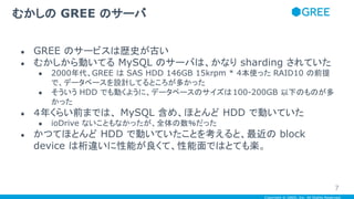 Copyright © GREE, Inc. All Rights Reserved.
● GREE のサービスは歴史が古い
● むかしから動いてる MySQL のサーバは、かなり sharding されていた
● 2000年代、GREE は SAS HDD 146GB 15krpm * 4本使った RAID10 の前提
で、データベースを設計してるところが多かった
● そういう HDD でも動くように、データベースのサイズは100-200GB 以下のものが多
かった
● ４年くらい前までは、 MySQL 含め、ほとんど HDD で動いていた
● ioDrive ないこともなかったが、全体の数％だった
● かつてほとんど HDD で動いていたことを考えると、最近の block
device は桁違いに性能が良くて、性能面ではとても楽。
むかしの GREE のサーバ
7
 