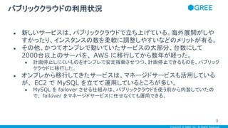 Copyright © GREE, Inc. All Rights Reserved.
● 新しいサービスは、パブリッククラウドで立ち上げている。海外展開がしや
すかったり、インスタンスの数を柔軟に調整しやすいなどのメリットが有る。
● その他、かつてオンプレで動いていたサービスの大部分、台数にして
2000台以上のサーバを、 AWS に移行してから数年が経った。
● 計画停止しにくいものをオンプレで安定稼働させつつ、計画停止できるものを、パブリック
クラウドに移行した。
● オンプレから移行してきたサービスは、マネージドサービスも活用している
が、 EC2 で MySQL を立てて運用しているところが多い。
● MySQL を failover させる仕組みは、パブリッククラウドを使う前から内製していたの
で、 failover をマネージドサービスに任せなくても運用できる。
パブリッククラウドの利用状況
9
 