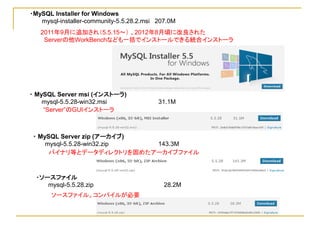 ・MySQL Installer for Windows
   mysql-installer-community-5.5.28.2.msi 207.0M
   2011年9月に追加され（5.5.15～） 、2012年8月頃に改良された
    Serverの他WorkBenchなども一括でインストールできる統合インストーラ




・ MySQL Server msi (インストーラ)
    mysql-5.5.28-win32.msi                31.1M
    “Server”のGUIインストーラ



 ・ MySQL Server zip (アーカイブ)
     mysql-5.5.28-win32.zip 143.3M
      バイナリ等とデータディレクトリを固めたアーカイブファイル



  ・ソースファイル
     mysql-5.5.28.zip                       28.2M
       ソースファイル。コンパイルが必要
 