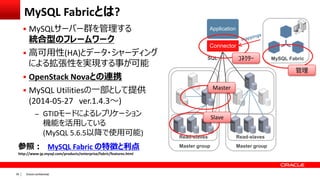 Oracle confidential|39
MySQL Fabricとは?
 MySQLサーバー群を管理する
統合型のフレームワーク
 高可用性(HA)とデータ・シャーディング
による拡張性を実現する事が可能
 OpenStack No...