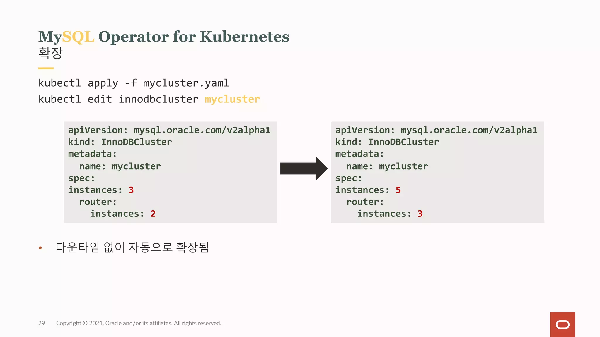 Copyright © 2021, Oracle and/or its affiliates. All rights reserved.
29
확장
MySQL Operator for Kubernetes
kubectl apply -f mycluster.yaml
kubectl edit innodbcluster mycluster
• 다운타임 없이 자동으로 확장됨
apiVersion: mysql.oracle.com/v2alpha1
kind: InnoDBCluster
metadata:
name: mycluster
spec:
instances: 5
router:
instances: 3
apiVersion: mysql.oracle.com/v2alpha1
kind: InnoDBCluster
metadata:
name: mycluster
spec:
instances: 3
router:
instances: 2
 