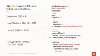 MySQL Servers YAML file
MySQL InnoDB Cluster
---
apiVersion: apps/v1
kind: Statefulset
metadata:
……
spec:
Replicas: 3
….
spec:
containers:
- image: mysql/mysql-server:8.0
………
…………
volumeMounts:
- name: mysql-persistent-storage
mountPath: /var/lib/mysql
volumes:
- name: mysql-persistent-storage
persistentVolumeClaim
claimName: mysql-pv-claim
…………
Statefulset 선언 부분
InnoDB cluster 멤버 개수 설정
MySQL 컨테이너 이미지
Copyright © 2021, Oracle and/or its affiliates. All rights reserved.
MySQL 데이타 디렉토리
디스크로 마운팅
16
 