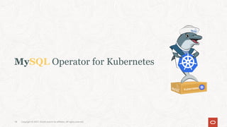 MySQL Operator for Kubernetes
Kubernetes
Copyright © 2021, Oracle and/or its affiliates. All rights reserved.
18
 