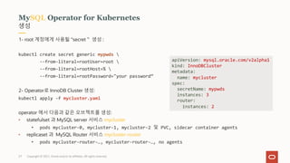Copyright © 2021, Oracle and/or its affiliates. All rights reserved.
27
생성
MySQL Operator for Kubernetes
1- root 계정에게 사용될 "secret＂ 생성 :
kubectl create secret generic mypwds 
--from-literal=rootUser=root 
--from-literal=rootHost=% 
--from-literal=rootPassword="your password”
2- Operator로 InnoDB Cluster 생성:
kubectl apply -f mycluster.yaml
operator 에서 다음과 같은 오브젝트를 생성:
• statefulset 과 MySQL server 서비스 mycluster
• pods mycluster-0, mycluster-1, mycluster-2 및 PVC, sidecar container agents
• replicaset 과 MySQL Router 서비스 mycluster-router
• pods mycluster-router-…, mycluster-router-…, no agents
apiVersion: mysql.oracle.com/v2alpha1
kind: InnoDBCluster
metadata:
name: mycluster
spec:
secretName: mypwds
instances: 3
router:
instances: 2
 