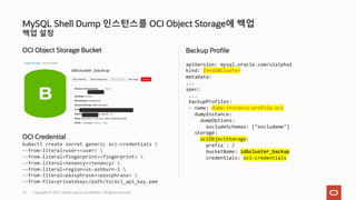 백업 설정
OCI Object Storage Bucket
OCI Credential
kubectl create secret generic oci-credentials 
--from-literal=user=<user> 
--from-literal=fingerprint=<fingerprint> 
--from-literal=tenancy=<tenancy> 
--from-literal=region=us-ashburn-1 
--from-literal=passphrase=<passphrase> 
--from-file=privatekey=/path/to/oci_api_key.pem
Backup Profile
apiVersion: mysql.oracle.com/v2alpha1
kind: InnoDBCluster
metadata:
...
spec:
...
backupProfiles:
- name: dump-instance-profile-oci
dumpInstance:
dumpOptions:
excludeSchemas: ["excludeme"]
storage:
ociObjectStorage:
prefix : /
bucketName: idbcluster_backup
credentials: oci-credentials
MySQL Shell Dump 인스턴스를 OCI Object Storage에 백업
Copyright © 2021, Oracle and/or its affiliates. All rights reserved.
33
 