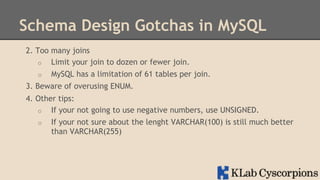 Schema Design Gotchas in MySQL
2. Too many joins
o  Limit your join to dozen or fewer join.
o  MySQL has a limitation of 61 tables per join.
3. Beware of overusing ENUM.
4. Other tips:
o  If your not going to use negative numbers, use UNSIGNED.
o  If your not sure about the lenght VARCHAR(100) is still much better
than VARCHAR(255)

 