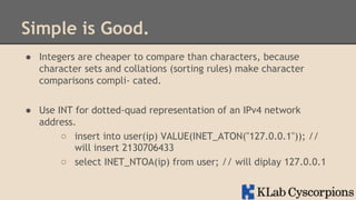 Simple is Good.
●  Integers are cheaper to compare than characters, because
character sets and collations (sorting rules) make character
comparisons compli- cated.
●  Use INT for dotted-quad representation of an IPv4 network
address.
○  insert into user(ip) VALUE(INET_ATON("127.0.0.1")); //
will insert 2130706433
○  select INET_NTOA(ip) from user; // will diplay 127.0.0.1

 