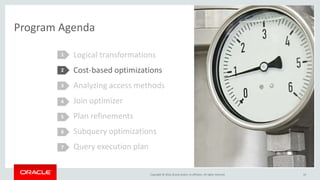 Copyright © 2016, Oracle and/or its affiliates. All rights reserved.
Program Agenda
Logical transformations
Cost-based optimizations
Analyzing access methods
Join optimizer
Plan refinements
Subquery optimizations
Query execution plan
1
2
3
4
5
10
6
7
 