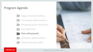 Copyright © 2016, Oracle and/or its affiliates. All rights reserved.
Program Agenda
Logical transformations
Cost-based optimizations
Analyzing access methods
Join optimizer
Plan refinements
Subquery optimizations
Query execution plan
1
2
3
4
5
34
6
7
 
