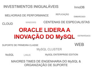 17
INVESTIMENTOS INIGUALÁVEIS
CENTENAS DE ESPECIALISTAS
MAIORES TIMES DE ENGENHARIA DO MySQL &
ORGANIZAÇÃO DE SUPORTE
LINUX
WINDOWS
NoSQL
InnoDB
REPLICAÇÃO
MySQL CLUSTER
MySQL ENTERPRISE EDITION
MELHORIAS DE PERFORMANCE
SUPORTE DE PRIMEIRA CLASSE WEB
CLOUD
EMBARCADO
ESTRATÉGICO
 