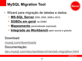 MySQL Migration Tool                              Novo!

• Wizard para migração de tabelas e dados:
  • MS-SQL Server 2000, 2005, 2008 e 2012.
  • SGBDs em geral via ODBC
  • Mapeamento personalizado (opcional)
  • Integrado ao Workbench open source e gratuito

Download:
mysql.com/downloads
Documentação:
dev.mysql.com/doc/workbench/en/wb-migration.html

                          67
 