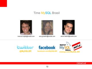 Time MySQL Brasil




marcos.trujillo@oracle.com    ana.guiselini@oracle.com    airton.lastori@oracle.com




  @MySQLBR                   facebook.com/MySQLBR        meetup.com/MySQL-BR




                                        72
 