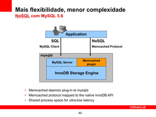 Mais flexibilidade, menor complexidade
NoSQL com MySQL 5.6



                          Application
                  SQL                      NoSQL
           MySQL Client                    Memcached Protocol

            mysqld
                                       Memcached
                  MySQL Server
                                         plugin

                     InnoDB Storage Engine



   • Memcached daemon plug-in to mysqld
   • Memcached protocol mapped to the native InnoDB API
   • Shared process space for ultra-low latency


                                  40
 