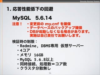 Shimadzu Business Systems
36
1. ܵ¤λر
MySQL5.6.14
?ڂΤޤޤǤֱˣ/reqԽ

?MyNAkYϡMySQL5.6ѥ
`ӑ᡹ȤƤοˤʤä
http://d.hatena.ne.jp/sh2/20130806

?DBMSOΥ`˥󥰤y
(޸) 13Ŀ˽gäӋy
[*8]
 