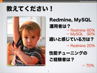 Shimadzu Business Systems
5
ܵ¤λر
Redmine  MySQL5.6
200å, 100ms/req
ůܞʱ
MySQL5.6 C
BufferPool K˕rDump & ӕrLoad
Ό
Ruby2.0, Passenger4 (OOBW-GC)
ͨWӻر
դԒ뤳
[*1]
[*3]
[*2]
 