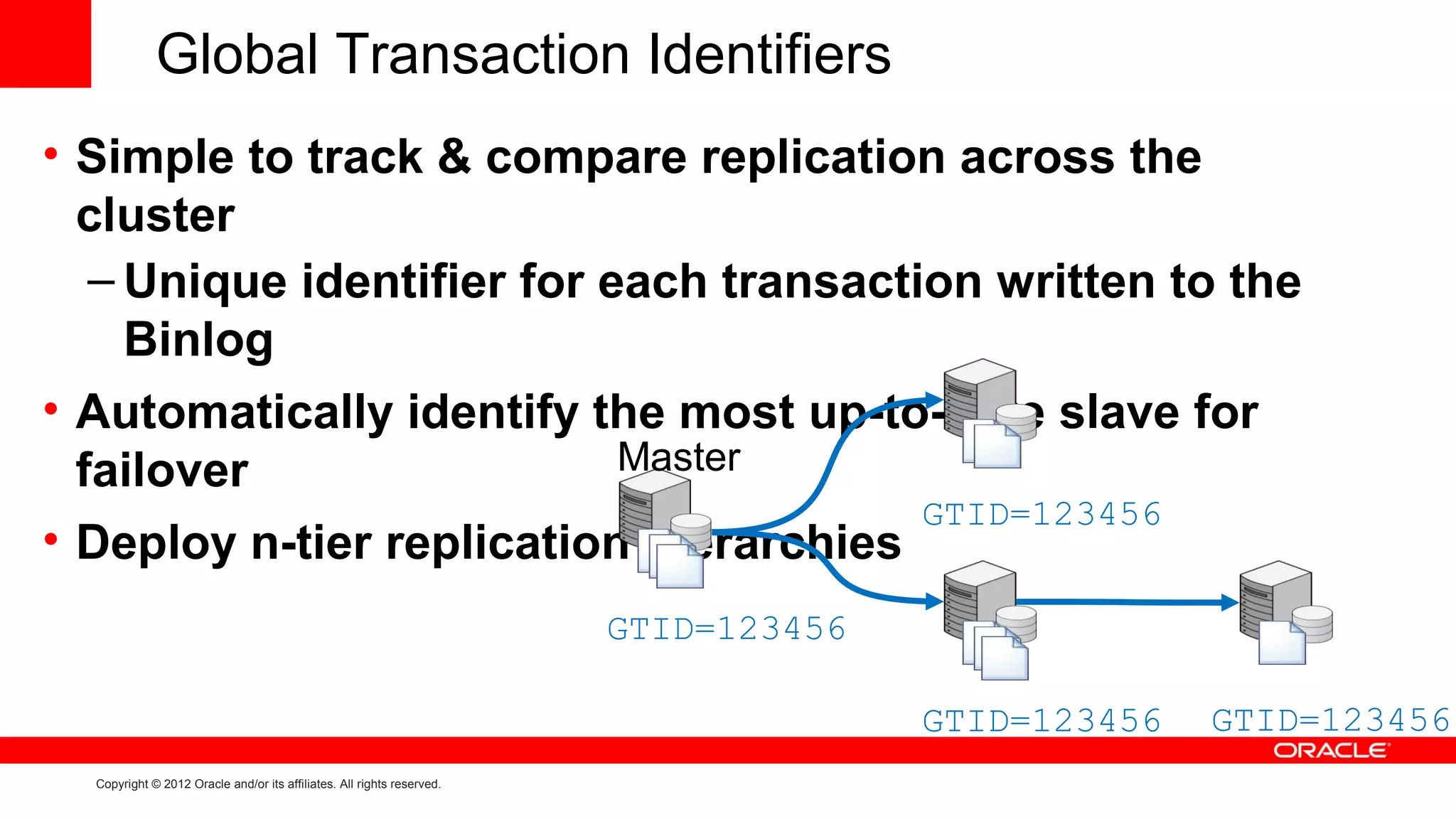 Global Transaction Identifiers
• Simple to track & compare replication across the
  cluster
   – Unique identifier for each transaction written to the
     Binlog
• Automatically identify the most up-to-date slave for
  failover                  Master
                                         GTID=123456
• Deploy n-tier replication hierarchies
                                                                        GTID=123456

                                                                                      GTID=123456   GTID=123456
  Copyright © 2012 Oracle and/or its affiliates. All rights reserved.
 