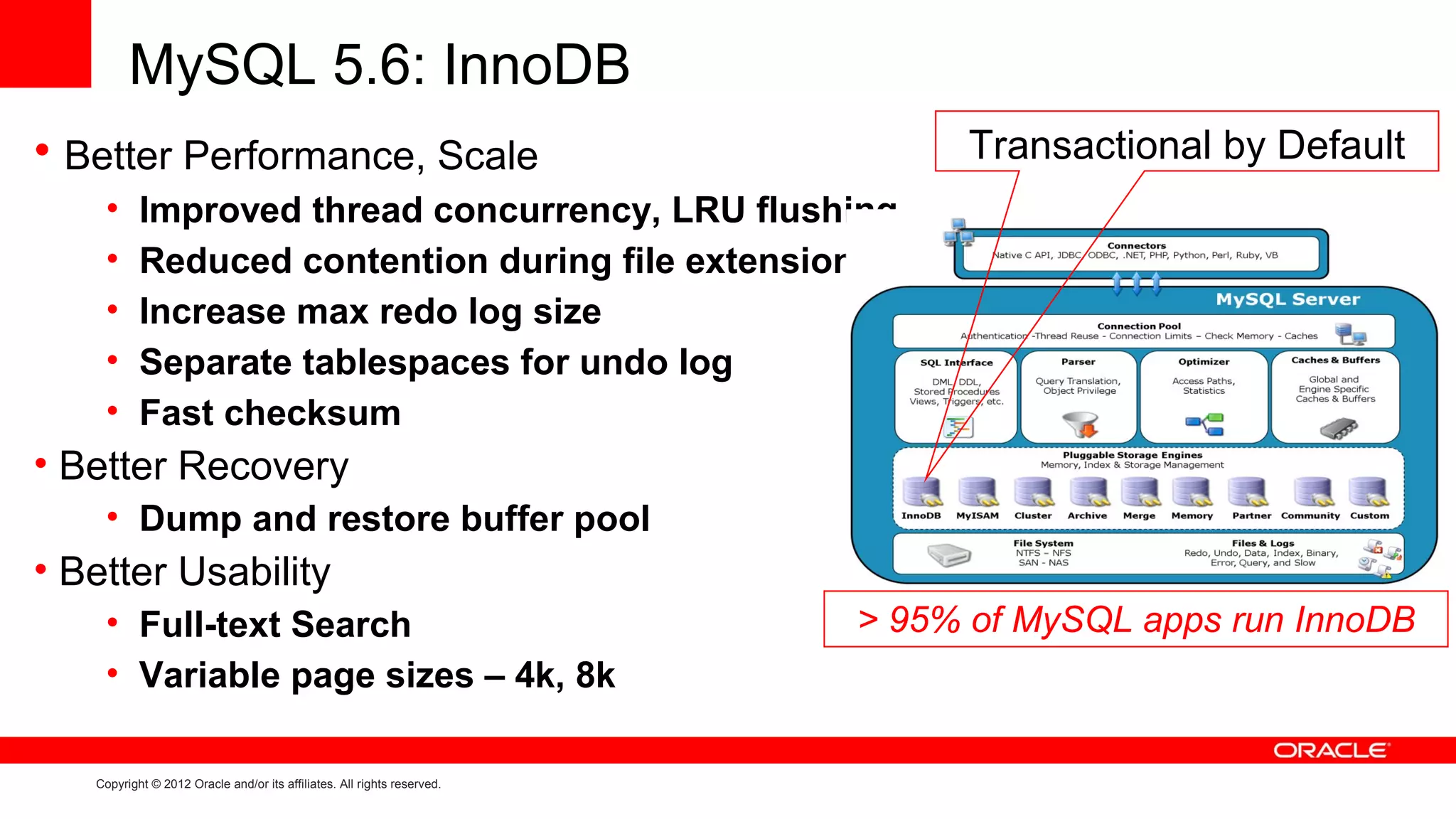 MySQL 5.6: InnoDB
• Better Performance, Scale                                                    Transactional by Default
    •      Improved thread concurrency, LRU flushing
    •      Reduced contention during file extension
    •      Increase max redo log size
    •      Separate tablespaces for undo log
    •      Fast checksum
• Better Recovery
    • Dump and restore buffer pool
• Better Usability
    • Full-text Search                                                   > 95% of MySQL apps run InnoDB
    • Variable page sizes – 4k, 8k

   Copyright © 2012 Oracle and/or its affiliates. All rights reserved.
 