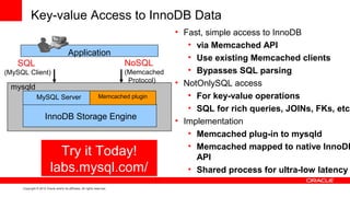 Key-value Access to InnoDB Data
                                                                                        • Fast, simple access to InnoDB
                                                                                           • via Memcached API
                                         Application
                                                                                           • Use existing Memcached clients
    SQL                                                                    NoSQL
(MySQL Client)                                                             (Memcached      • Bypasses SQL parsing
                                                                            Protocol)   • NotOnlySQL access
 mysqld
               MySQL Server                                      Memcached plugin          • For key-value operations
                                                                                           • SQL for rich queries, JOINs, FKs, etc.
                      InnoDB Storage Engine                                             • Implementation
                                                                                           • Memcached plug-in to mysqld
                                                                                           • Memcached mapped to native InnoDB
                            Try it Today!                                                    API
                          labs.mysql.com/                                                  • Shared process for ultra-low latency
     Copyright © 2012 Oracle and/or its affiliates. All rights reserved.
 