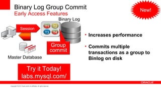 Binary Log Group Commit                                                                                   New!
       Early Access Features
                                                                             Binary Log
                                                             T1         T2
                 Session
                                                             T3         T4
                                                                                          • Increases performance

                                                                       Group              • Commits multiple
                                                                       commit               transactions as a group to
Master Database                                                                             Binlog on disk

                      Try it Today!
                    labs.mysql.com/
 Copyright © 2012 Oracle and/or its affiliates. All rights reserved.
 