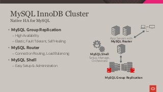 MySQL InnoDB Cluster
App Servers with
MySQL Router
MySQL Group Replication
MySQL Shell
Setup, Manage,
Orchestrate
Native HA for MySQL
• MySQL Group Replication
– High Availability
– Elastic, Fault Tolerant, Self Healing
• MySQL Router
– Connection Routing, Load Balancing
• MySQL Shell
– Easy Setup & Administration
 
