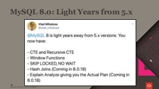 MySQL 8.0: Light Years from 5.x
Copyright © 2019 Oracle and/or its affiliates.
6
 