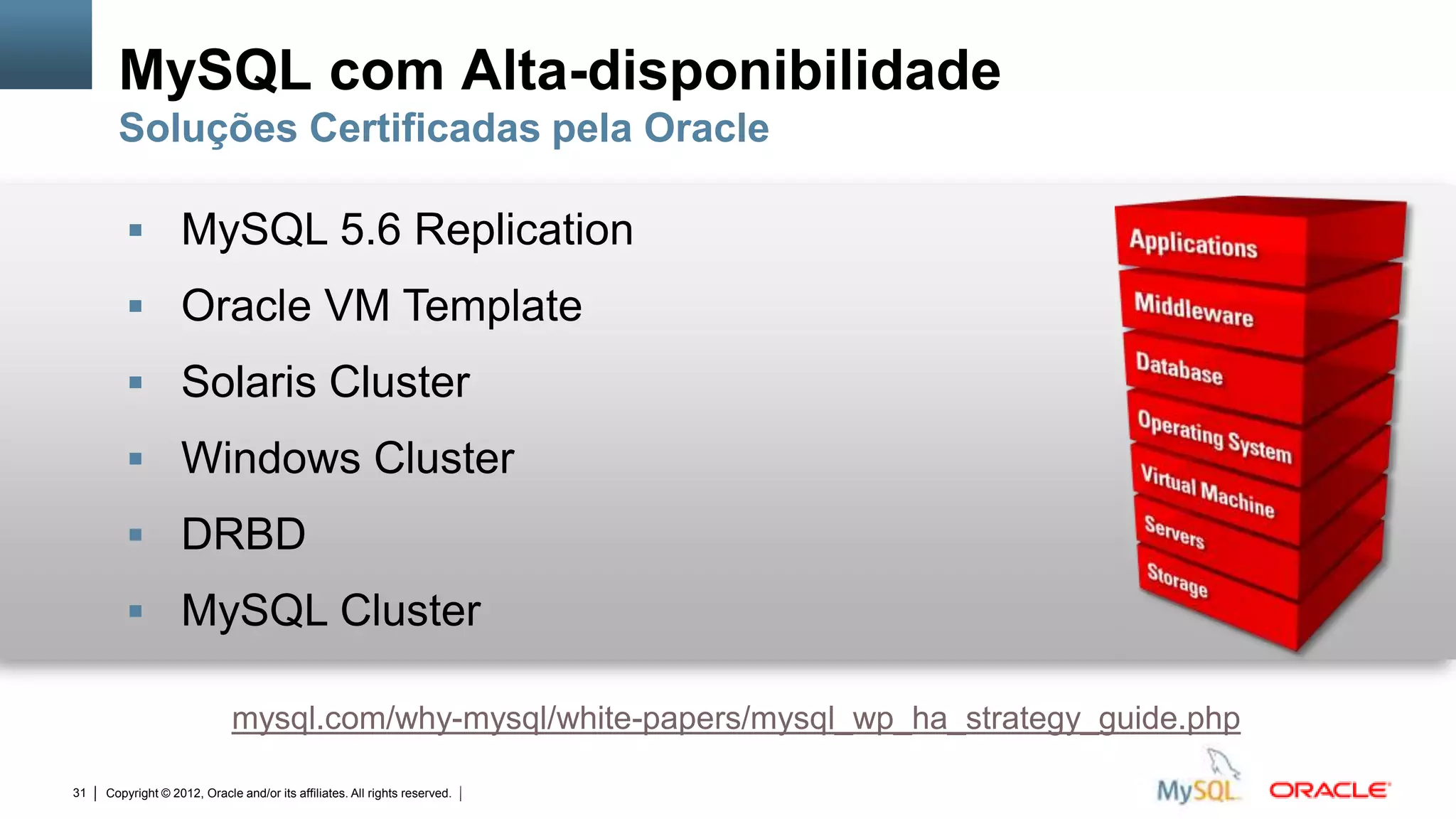 MySQL com Alta-disponibilidade
       Soluções Certificadas pela Oracle

         MySQL 5.6 Replication
         Oracle VM Template
         Solaris Cluster
         Windows Cluster
         DRBD
         MySQL Cluster

                             mysql.com/why-mysql/white-papers/mysql_wp_ha_strategy_guide.php

31   Copyright © 2012, Oracle and/or its affiliates. All rights reserved.   Insert Information Protection Policy Classification from Slide 12
 