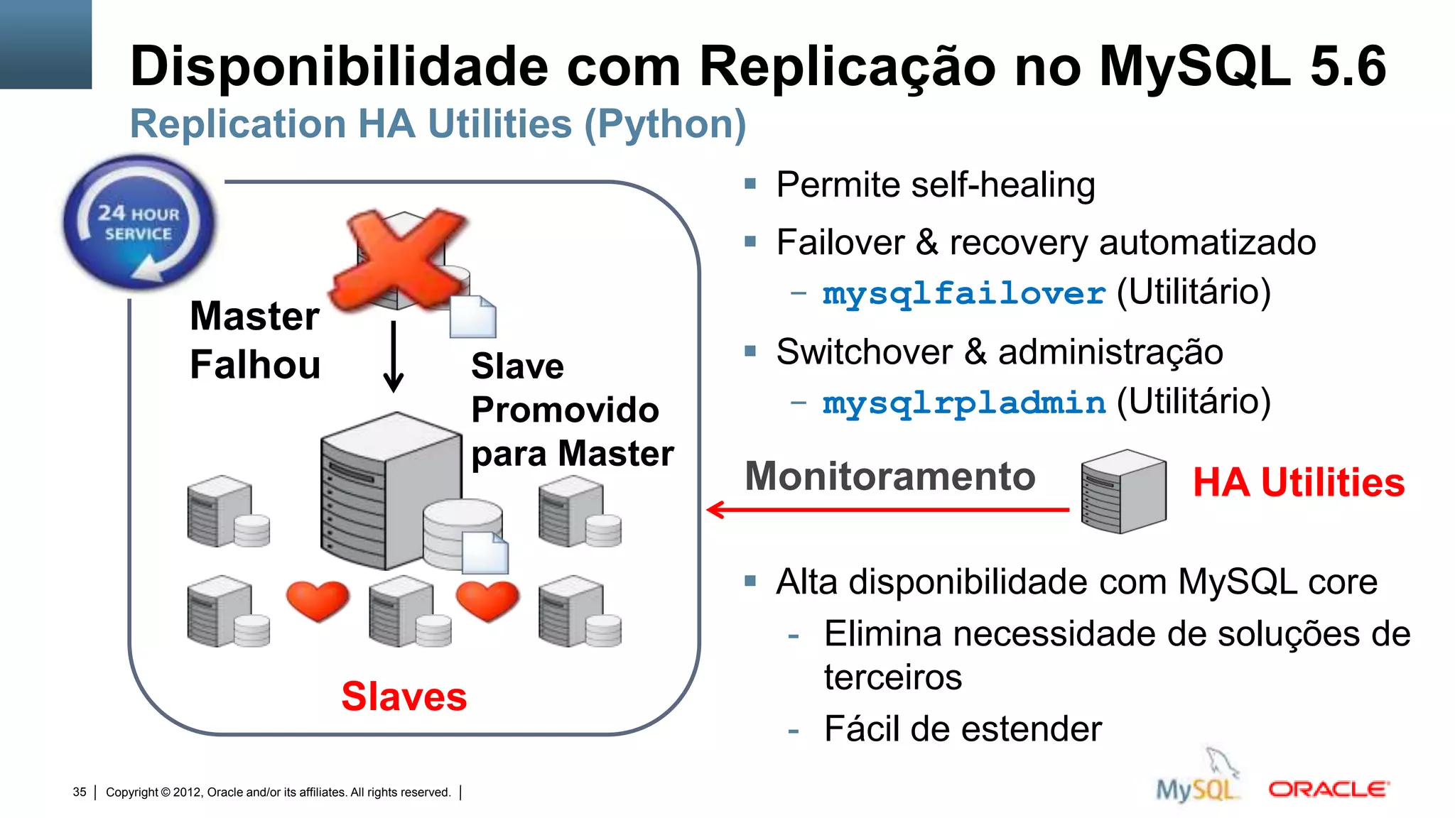 Disponibilidade com Replicação no MySQL 5.6
         Replication HA Utilities (Python)
                                                                                                                                 Permite self-healing
                                                                                                                                 Failover & recovery automatizado
                                                                                                                                   - mysqlfailover (Utilitário)
                     Master
                     Falhou                                                 Slave                                                Switchover & administração
                                                                            Promovido                                             - mysqlrpladmin (Utilitário)
                                                                            para Master
                                                                                                                                Monitoramento             HA Utilities

                                                                                                                                 Alta disponibilidade com MySQL core
                                                                                                                                  - Elimina necessidade de soluções de
                                                                                                                                     terceiros
                                                   Slaves
                                                                                                                                  - Fácil de estender
35   Copyright © 2012, Oracle and/or its affiliates. All rights reserved.   Insert Information Protection Policy Classification from Slide 12
 