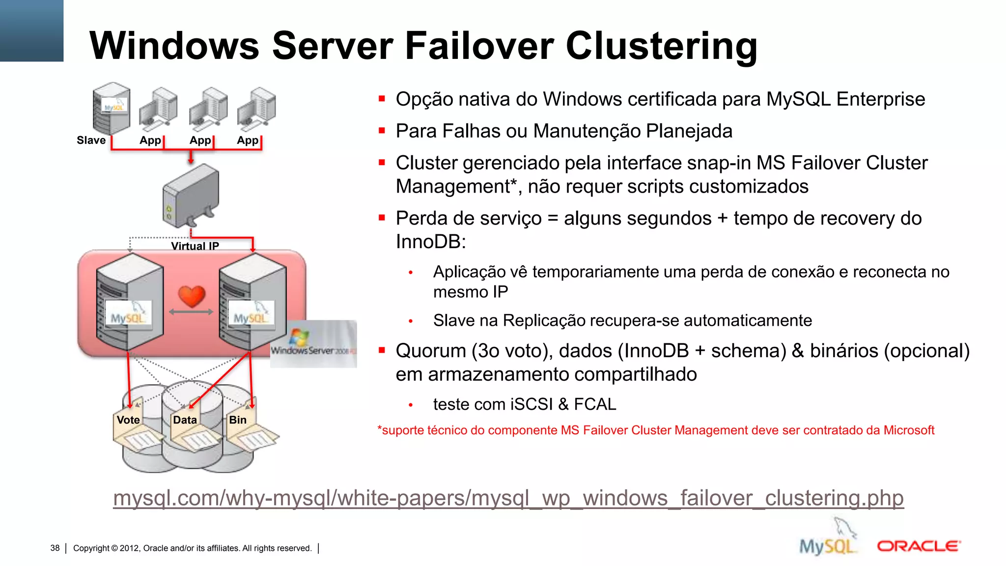 Windows Server Failover Clustering
                                                                                           Opção nativa do Windows certificada para MySQL Enterprise
     Slave             App            App          App
                                                                                           Para Falhas ou Manutenção Planejada
                                                                                           Cluster gerenciado pela interface snap-in MS Failover Cluster
                                                                                            Management*, não requer scripts customizados
                                                                                           Perda de serviço = alguns segundos + tempo de recovery do
                                Virtual IP                                                  InnoDB:
                                                                                                  •      Aplicação vê temporariamente uma perda de conexão e reconecta no
                                                                                                         mesmo IP
                                                                                                  •      Slave na Replicação recupera-se automaticamente
                                                                                           Quorum (3o voto), dados (InnoDB + schema) & binários (opcional)
                                                                                            em armazenamento compartilhado
                                                                                                  •      teste com iSCSI & FCAL
                 Vote            Data            Bin
                                                                                          *suporte técnico do componente MS Failover Cluster Management deve ser contratado da Microsoft




                mysql.com/why-mysql/white-papers/mysql_wp_windows_failover_clustering.php

38   Copyright © 2012, Oracle and/or its affiliates. All rights reserved.   Insert Information Protection Policy Classification from Slide 12
 