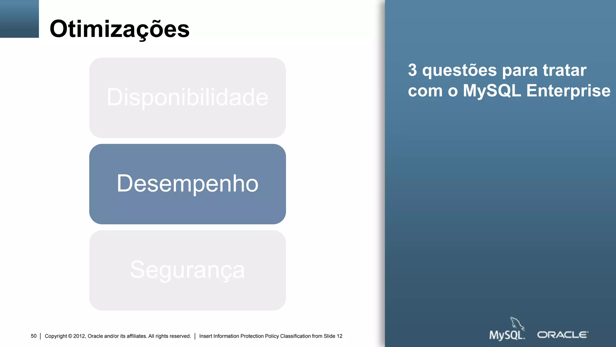 Otimizações
                                                                                                                                                3 questões para tratar
                                                                                                                                                com o MySQL Enterprise
                                 Disponibilidade


                                      Desempenho


                                            Segurança

50   Copyright © 2012, Oracle and/or its affiliates. All rights reserved.   Insert Information Protection Policy Classification from Slide 12
 