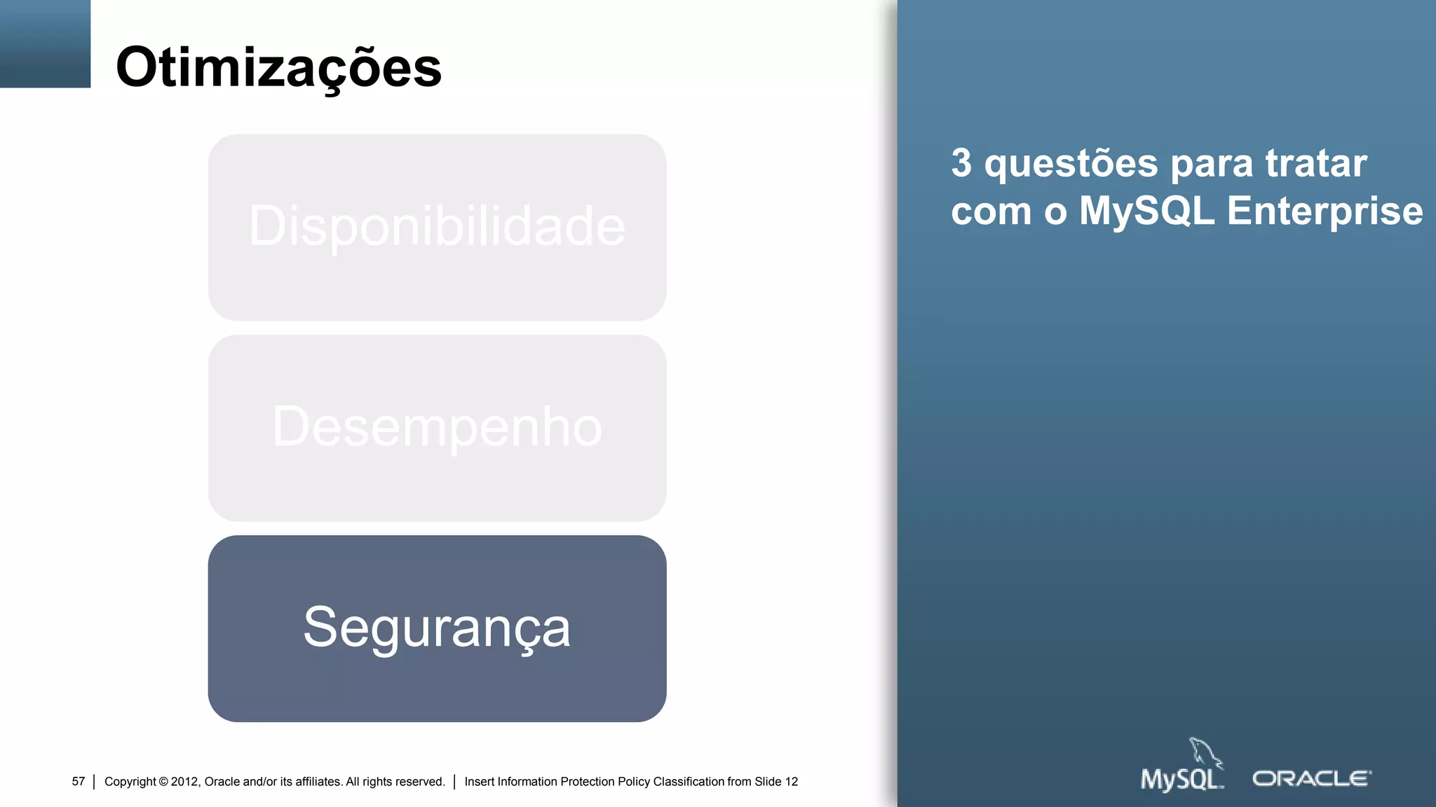 Otimizações
                                                                                                                                                3 questões para tratar
                                                                                                                                                com o MySQL Enterprise
                                 Disponibilidade


                                      Desempenho


                                            Segurança

57   Copyright © 2012, Oracle and/or its affiliates. All rights reserved.   Insert Information Protection Policy Classification from Slide 12
 
