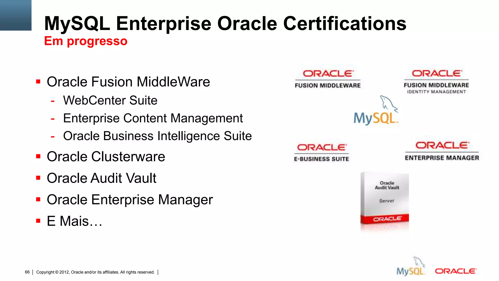 MySQL Enterprise Oracle Certifications
         Em progresso


      Oracle Fusion MiddleWare
             - WebCenter Suite
             - Enterprise Content Management
             - Oracle Business Intelligence Suite
      Oracle Clusterware
      Oracle Audit Vault
      Oracle Enterprise Manager
      E Mais…


66   Copyright © 2012, Oracle and/or its affiliates. All rights reserved.   Insert Information Protection Policy Classification from Slide 12
 