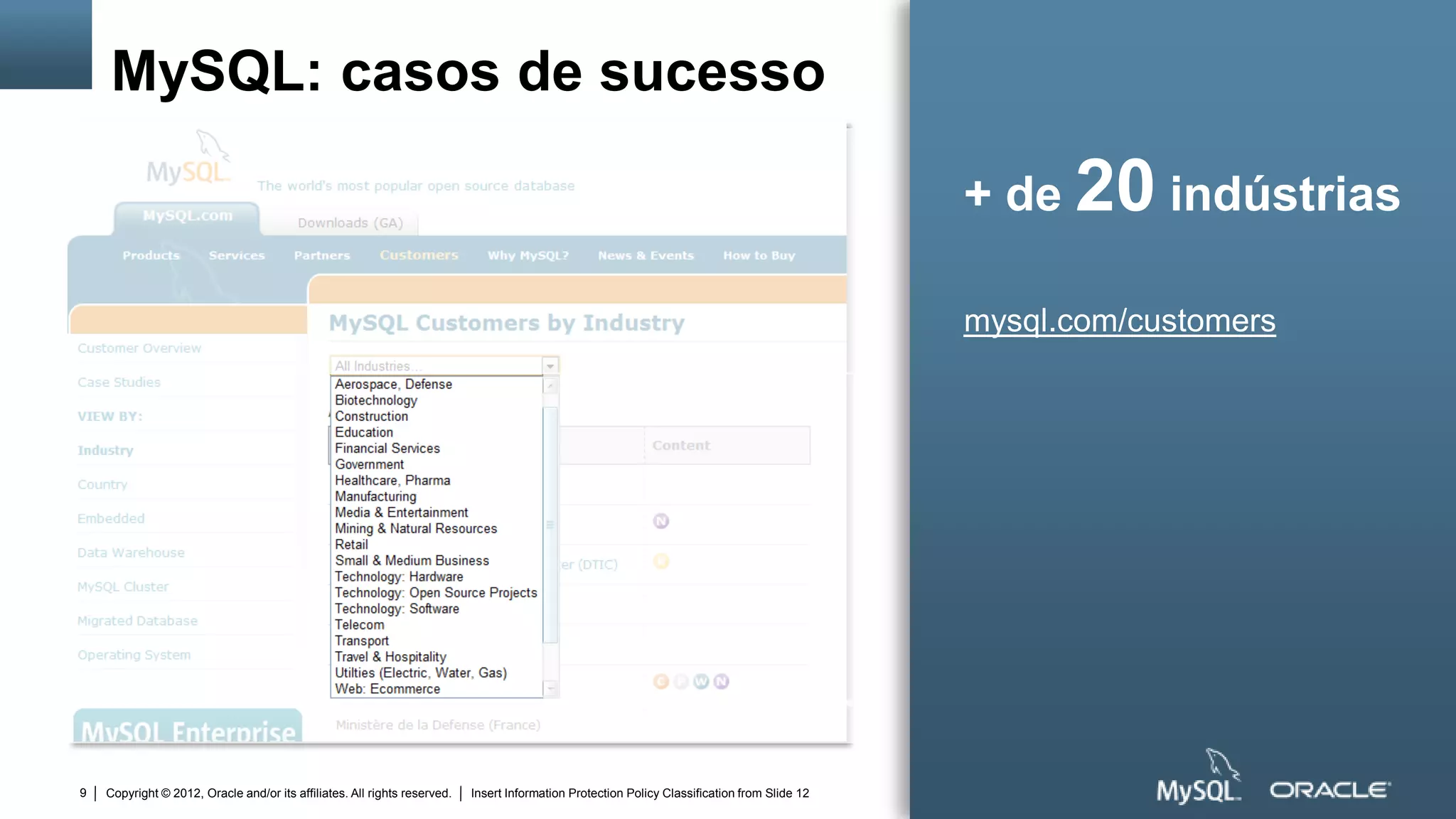 MySQL: casos de sucesso

                                                                                                                                               + de 20 indústrias

                                                                                                                                               mysql.com/customers




9   Copyright © 2012, Oracle and/or its affiliates. All rights reserved.   Insert Information Protection Policy Classification from Slide 12
 