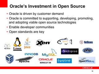 10
Oracle’s Investment in Open Source
•  Oracle is driven by customer demand
•  Oracle is committed to supporting, developing, promoting,
and adopting viable open source technologies
•  Enable developer communities
•  Open standards are key
 