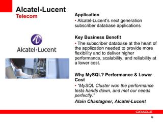 19
Application
• Alcatel-Lucent’s next generation
subscriber database applications
Key Business Benefit
• The subscriber database at the heart of
the application needed to provide more
flexibility and to deliver higher
performance, scalability, and reliability at
a lower cost.
Why MySQL? Performance & Lower
Cost
• “MySQL Cluster won the performance
tests hands down, and met our needs
perfectly.”
Alain Chastagner, Alcatel-Lucent
Alcatel-Lucent
Telecom
 