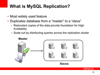 26
What is MySQL Replication?
•  Most widely used feature
•  Duplicates database from a “master” to a “slave”
•  Redundant copies of the data provide foundation for High
Availability
•  Scale out by distributing queries across the replication cluster
Master
Slaves
 