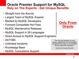 40
•  Straight from the Source
•  Largest Team of MySQL Experts
•  Backed by MySQL Developers
•  Forward Compatible Hot Fixes
•  MySQL Maintenance Releases
•  MySQL Support in 29 Languages
•  Direct Access to MySQL Support Engineers
•  24/7/365
•  Unlimited Incidents
•  Knowledge Base
•  MySQL Consultative Support
Oracle Premier Support for MySQL
Rely on The Experts - Get Unique Benefits
"The rep that assisted me was
simply outstanding. He immediately
recognized the cause of my problem
and provided the resolution.”
mysql.com/support/quotes
Only From
Oracle
 