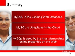 42
Summary
MySQL is the Leading Web Database
MySQL is Ubiquitous in the Cloud
MySQL is used by the most demanding
online properties on the Web
 