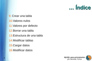 … Índice
    9. Crear una tabla
    10.Valores nulos
    11.Valores por defecto
    12.Borrar una tabla
    13.Estructura de una tabla
    14.Modificar tablas
    15.Cargar datos
    16.Modificar datos

3                                MySQL para principiantes
                                    por Michelle Torres
 