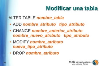 Modificar una tabla
     ALTER TABLE nombre_tabla
     ●   ADD nombre_atributo tipo_atributo
     ●   CHANGE nombre_anterior_atributo
         nombre_nuevo_atributo tipo_atributo
     ●   MODIFY nombre_atributo
         nuevo_tipo_atributo
     ●   DROP nombre_atributo

33                                MySQL para principiantes
                                     por Michelle Torres
 