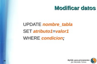 Modificar datos

     UPDATE nombre_tabla
     SET atributo1=valor1
     WHERE condicion;



38                      MySQL para principiantes
                           por Michelle Torres
 