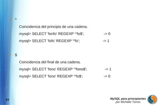 ●   ^
             Coincidencia del principio de una cadena.
             mysql> SELECT 'fonfo' REGEXP '^fo$';        -> 0
             mysql> SELECT 'fofo' REGEXP '^fo';          -> 1


     ●   $
             Coincidencia del final de una cadena.
             mysql> SELECT 'fono' REGEXP '^fono$';        -> 1
             mysql> SELECT 'fono' REGEXP '^fo$';         -> 0




64                                                              MySQL para principiantes
                                                                   por Michelle Torres
 